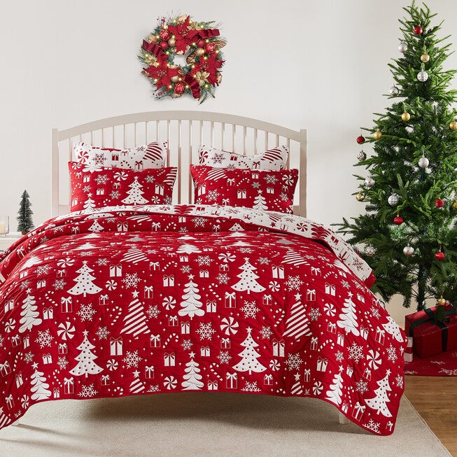 Snowflakes Holiday Matelassé Coverlet Set, Red, 3-Piece King, RED, hi-res image number 0
