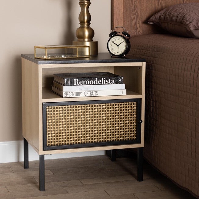 Felton Mid-Century Modern Two-Tone Black And Gold Metal And Light Brown Finished Wood 1-Door End Table, , alternate image number null