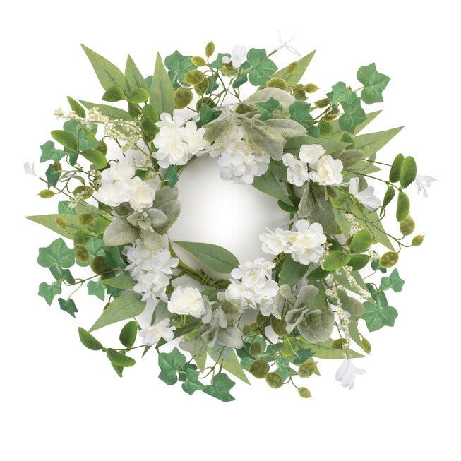 Mixed Floral and Foliage Candle Ring 17.5 inchesD, GREEN/WHITE, alternate image number 1