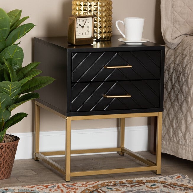 Inaya Contemporary Glam And Luxe Black Finished Wood And Gold Metal 2-Drawer End Table, , alternate image number 7