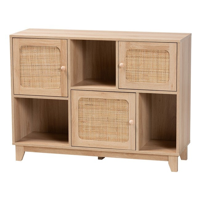Elsbeth Mid-Century Modern Light Brown Finished Wood And Natural Rattan 3-Door Sideboard, LIGHT BROWN NATURAL BROWN, hi-res image number 0