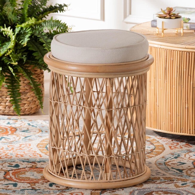 Junius Bohemian Natural Rattan Ottoman Footstool, , alternate image number null