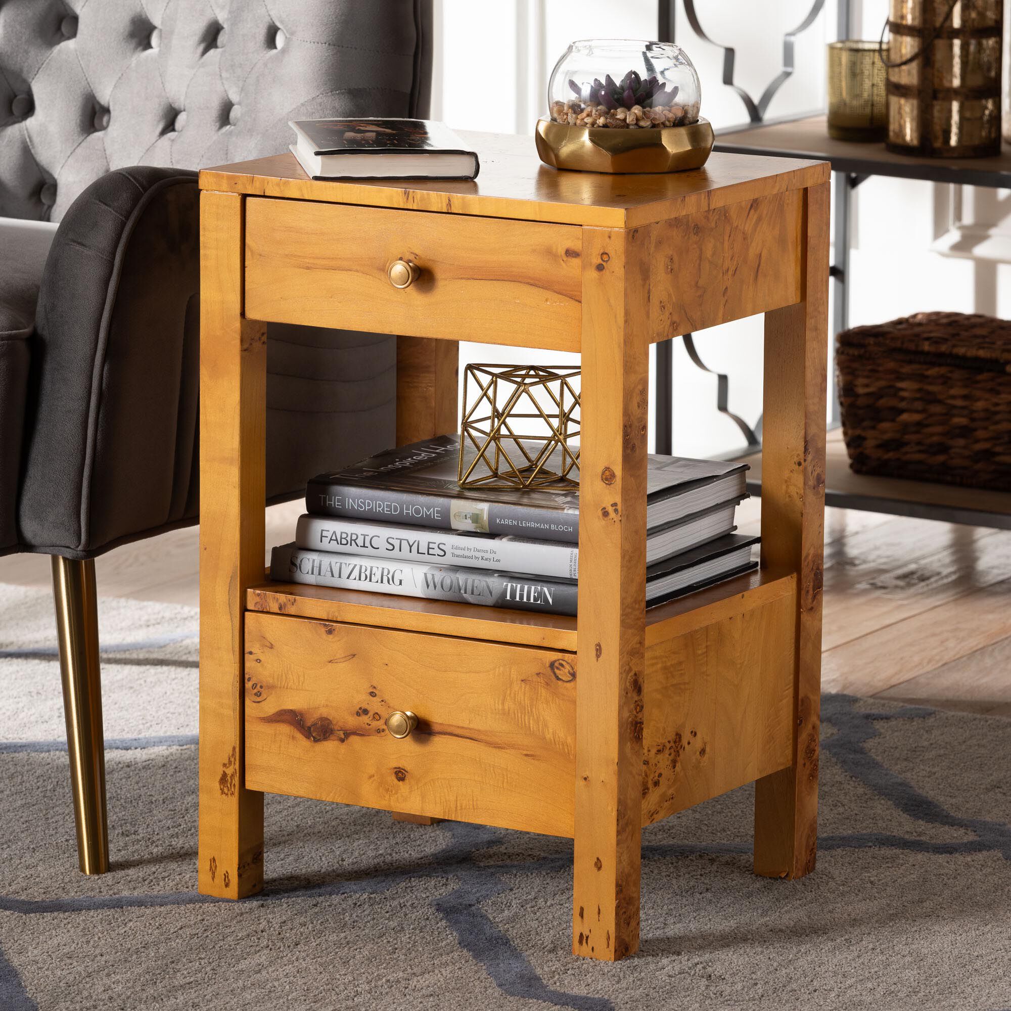 Azmi Modern and Contemporary Natural Light Mappa Real Burl Wood 2-Drawer Nightstand, BURL, hi-res image number 0