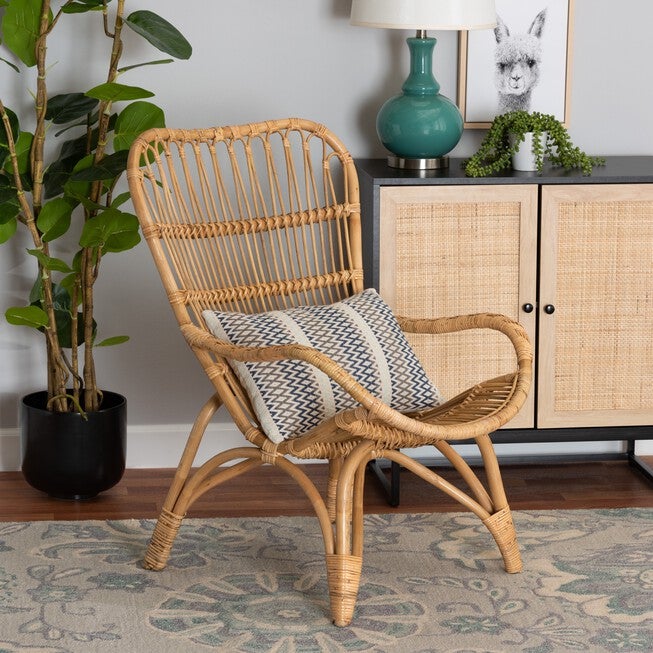 Earvin Modern Bohemian Natural Brown Rattan Armchair, , alternate image number null