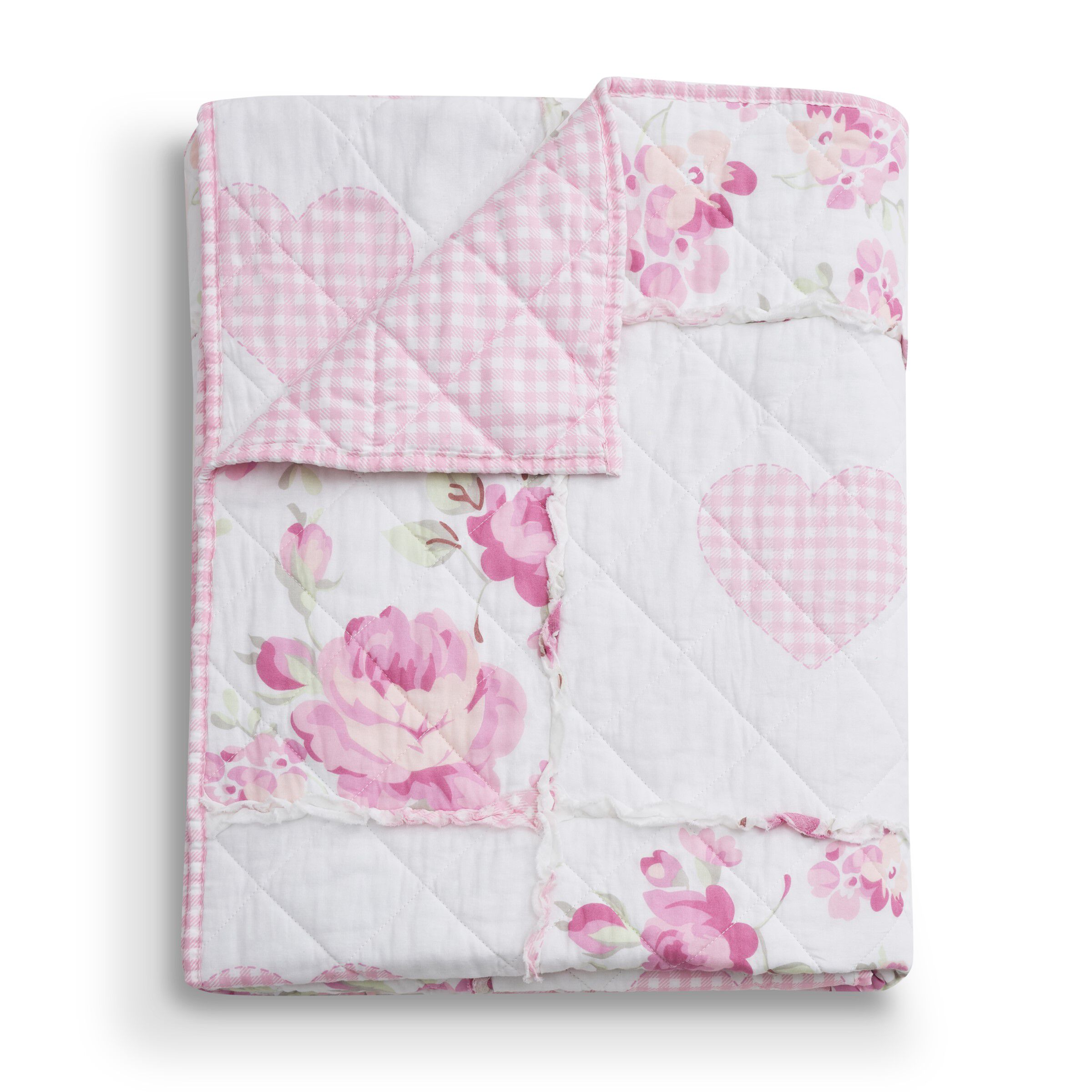 Veronica's Hearts Ruffled Patchwork Quilted Throw Blanket, PINK, alternate image number 1
