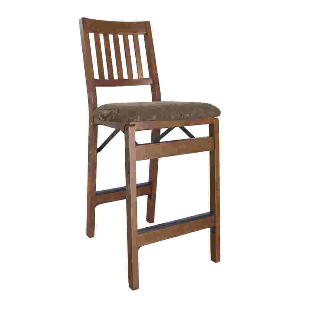 Folding wood counter stool with a brown cushioned seat and a slatted backrest.