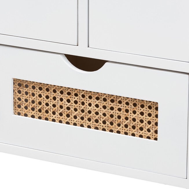 Bastian Modern And Contemporary Light Beige Fabric And White Finished Wood 3-Drawer Storage Bench With Natural Rattan, , alternate image number null