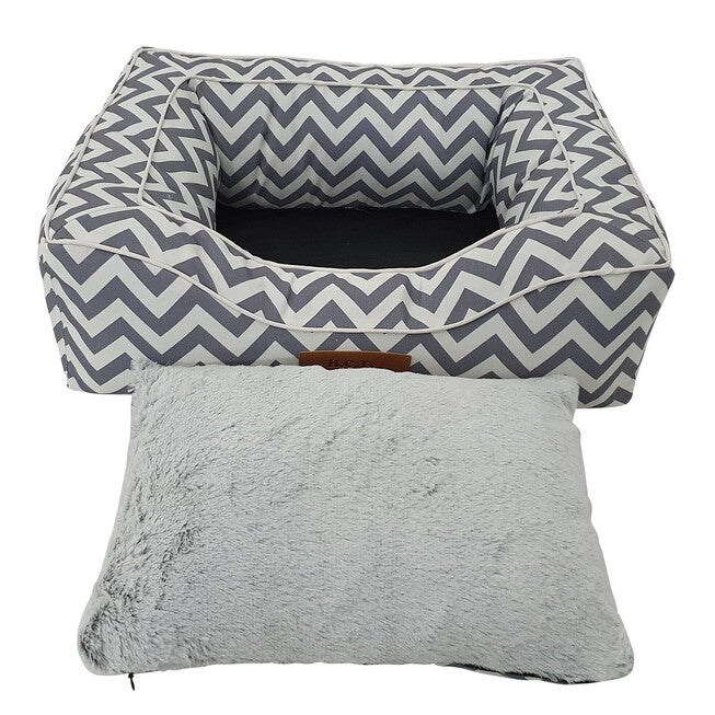 Chevron poly-cotton bolster with detachable faux fur cushion Medium Size, , alternate image number null