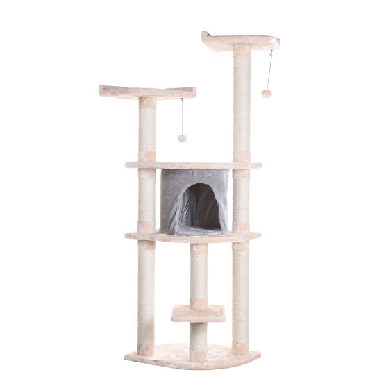 64" Real Wood Cat Tree With Sractch Sisal Post, Soft-Side Playhouse, , alternate image number null