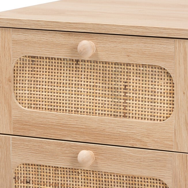 Elsbeth Mid-Century Modern Light Brown Finished Wood And Natural Rattan 1-Drawer End Table, , alternate image number null