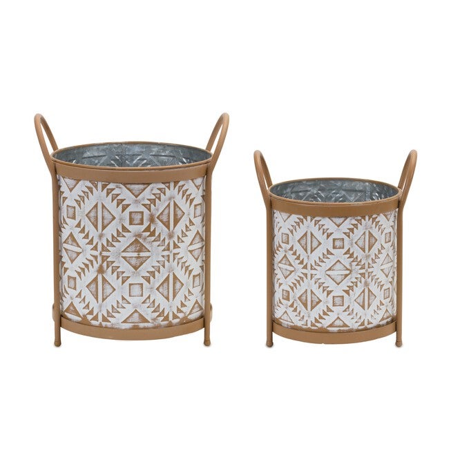 Footed Metal Aztec Planter (Set of 2), WHITE/BROWN, hi-res image number 0
