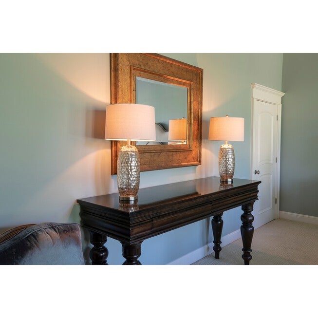 1 Set Antique Mercury Dimple Glass Table Lamp Off-White Linen Hardback Shade , , alternate image number 2