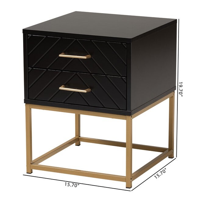 Inaya Contemporary Glam And Luxe Black Finished Wood And Gold Metal 2-Drawer End Table, , alternate image number 9