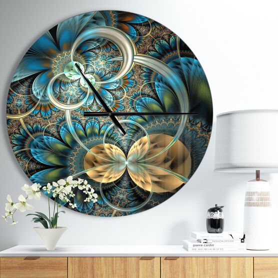 Symmetrical Blue Gold Fractal Flower Modern Wall Clock, BLUE, hi-res image number null