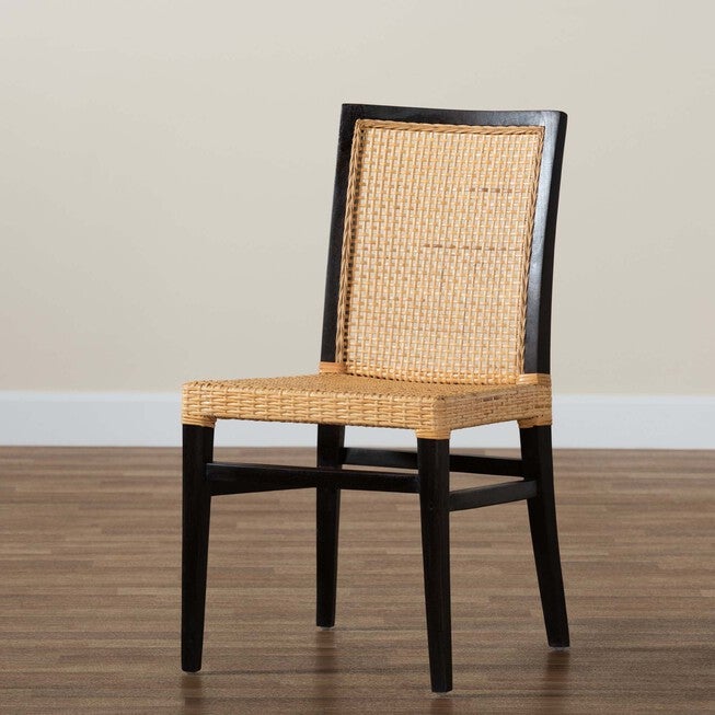 Lingga Modern Bohemian Dark Brown Mahogany Wood And Natural Rattan Dining Chair, , alternate image number null