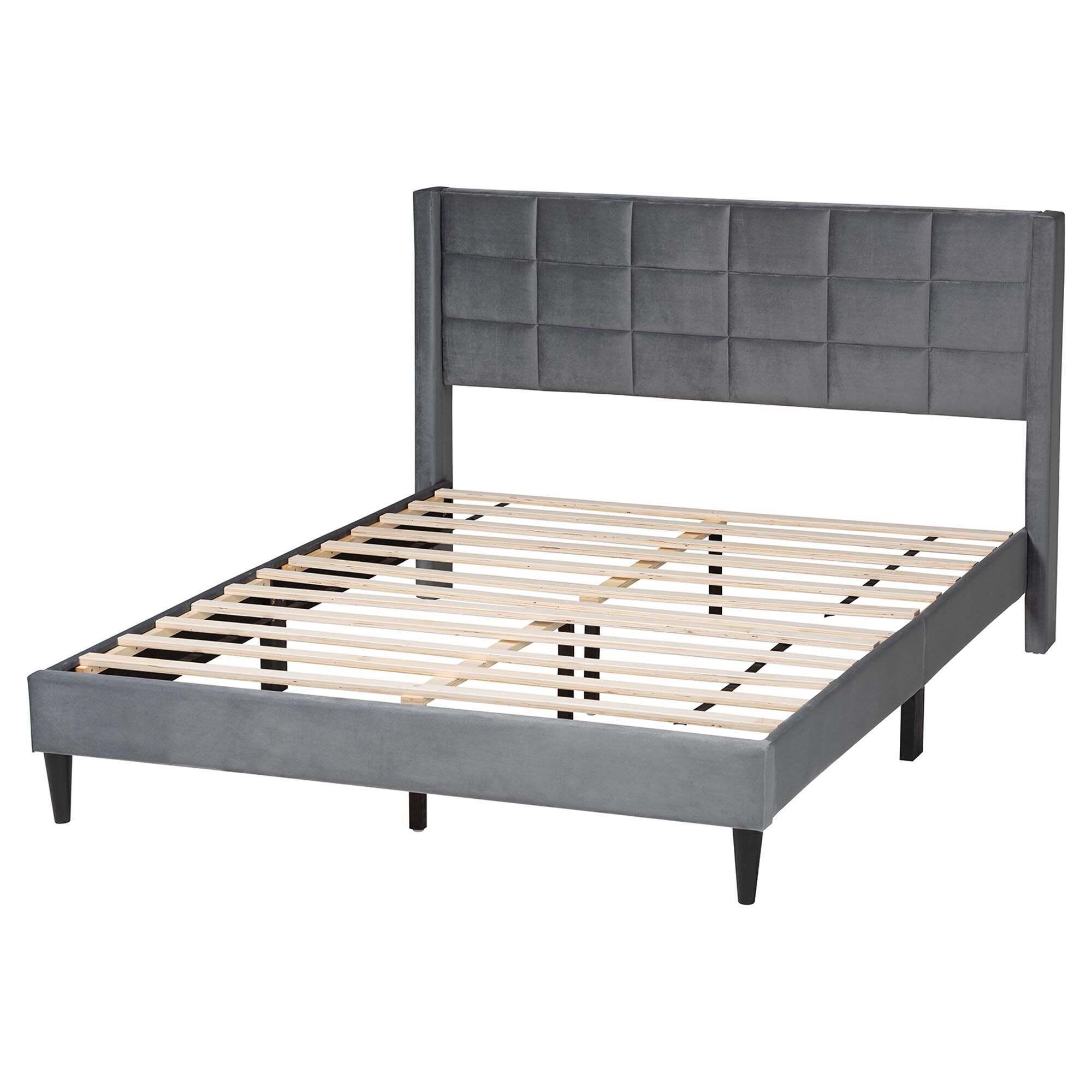 Baxton Studio Payne Modern Glam Grey Velvet and Dark Brown Wood Queen Bed, GREY, alternate image number 3