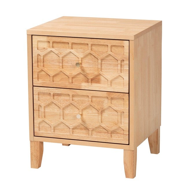 Hosea Japandi Carved Honeycomb Natural 2-Drawer Nightstand, NATURAL, alternate image number null