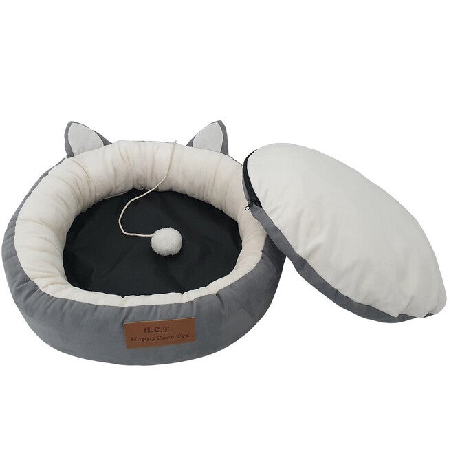 GREY poly-cotton cozy round cat bed , 18 inch, , alternate image number 4