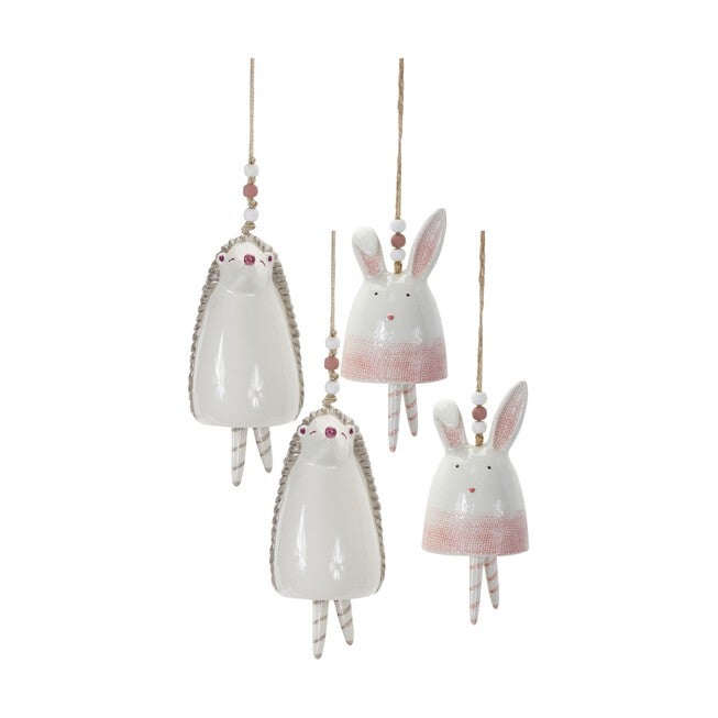 Bunny/Hedgehog Bell (Set of 4) 4.75 inchesH, 7 inchesH Stoneware, WHITE/PINK, hi-res image number null