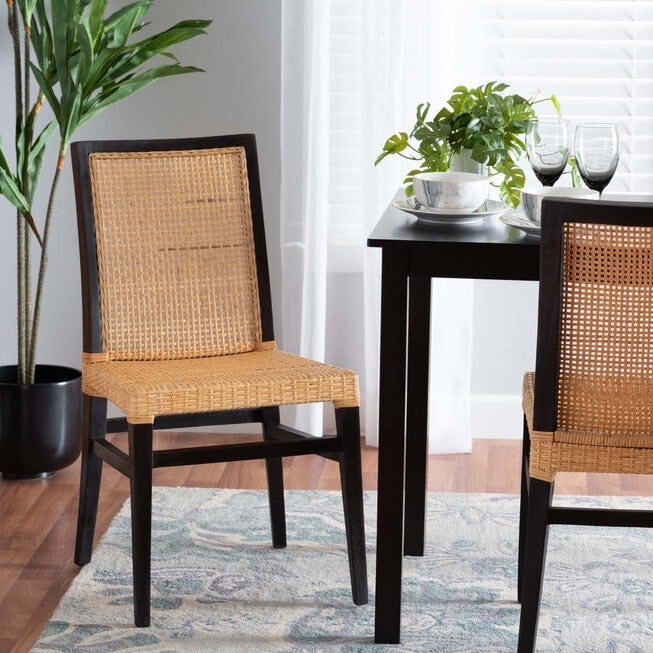 Lingga Modern Bohemian Dark Brown Mahogany Wood And Natural Rattan Dining Chair, , alternate image number null