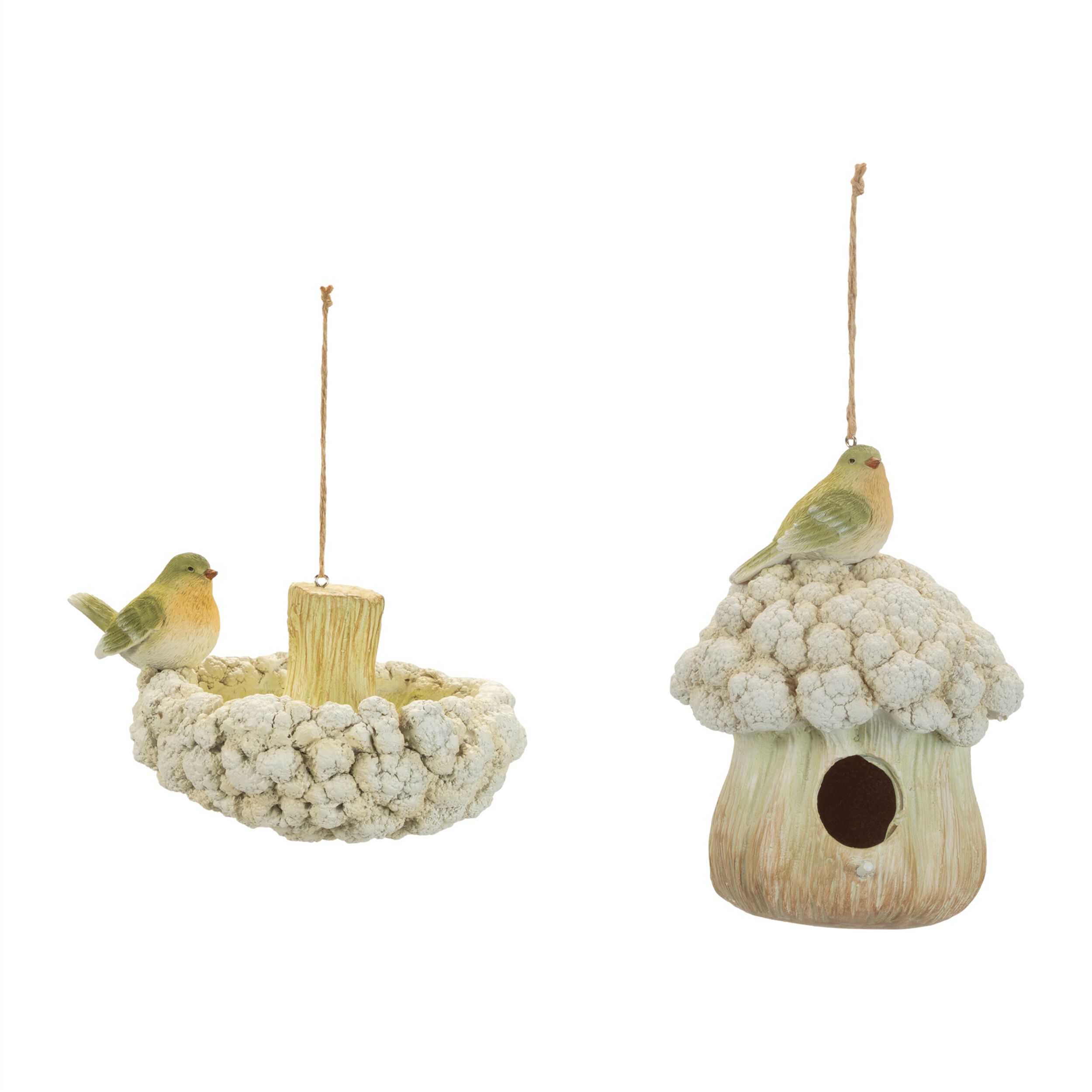 Cauliflower Birdhouse and Hanging Birdbath Set of 2, GREEN, hi-res image number 0