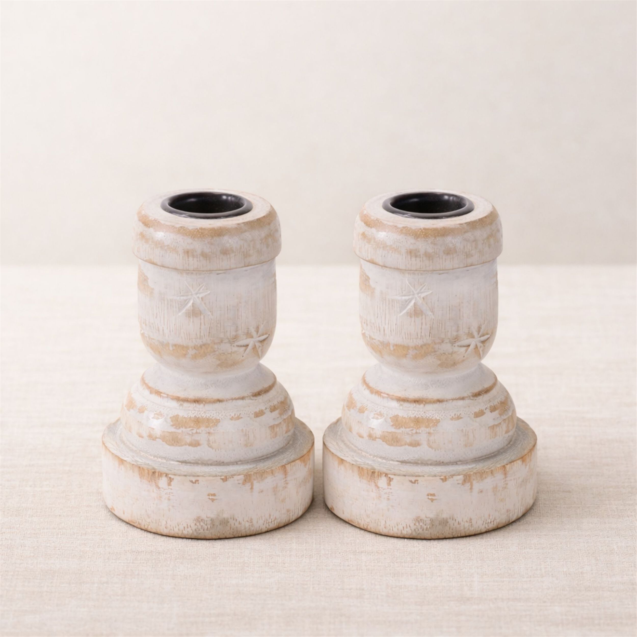White Washed Wood Taper Candle Holder (Set of 2), WHITE BROWN, alternate image number 1