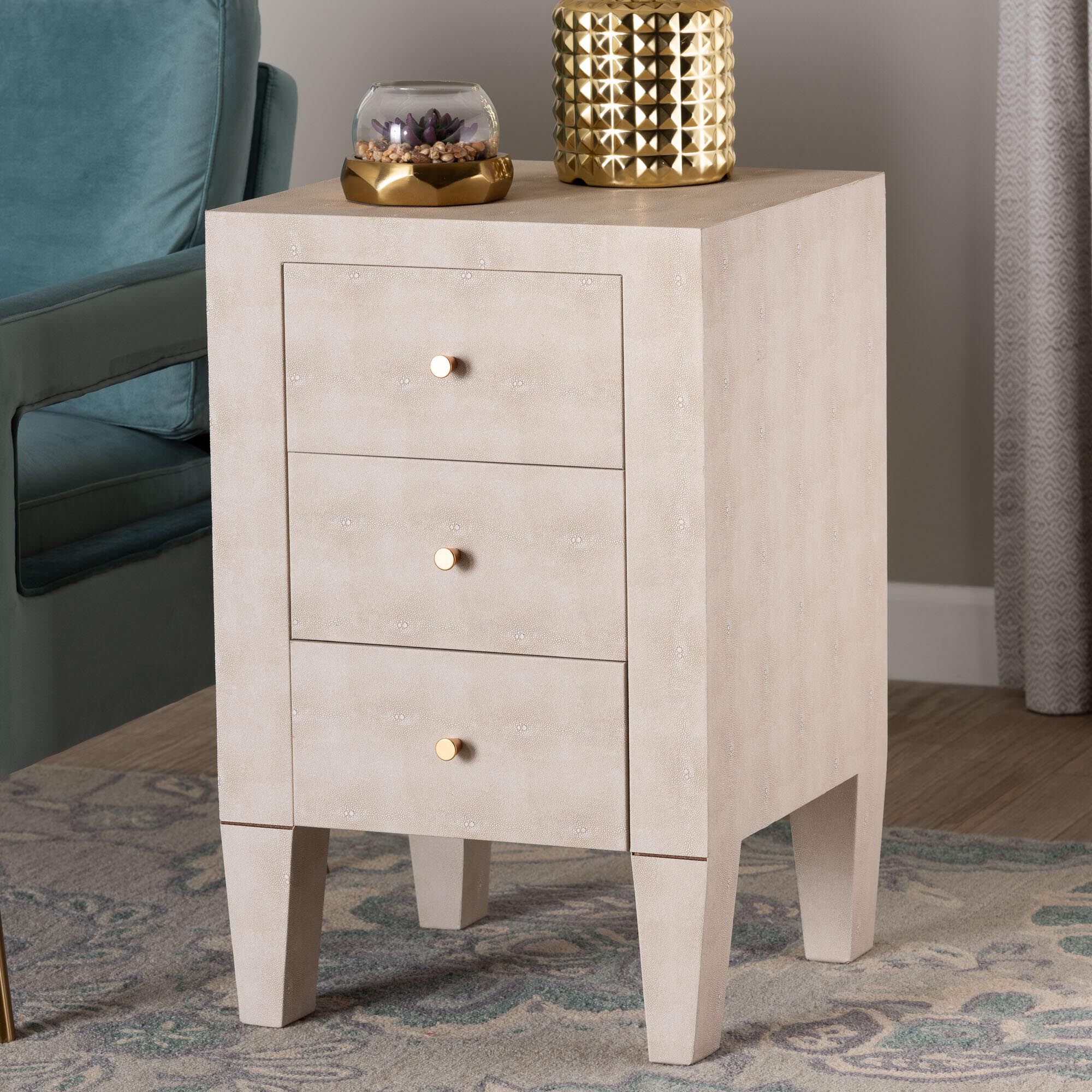 Leyna Modern Beige Faux Shagreen 3-Drawer End Table, BEIGE, hi-res image number 0