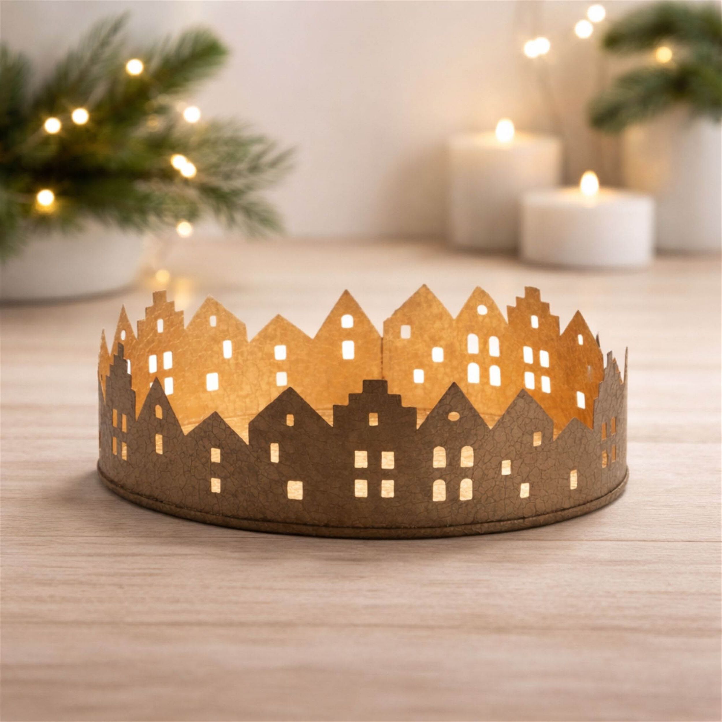 Cut Metal Village Candle Holder 9.75 inchesD, GOLD, alternate image number 1