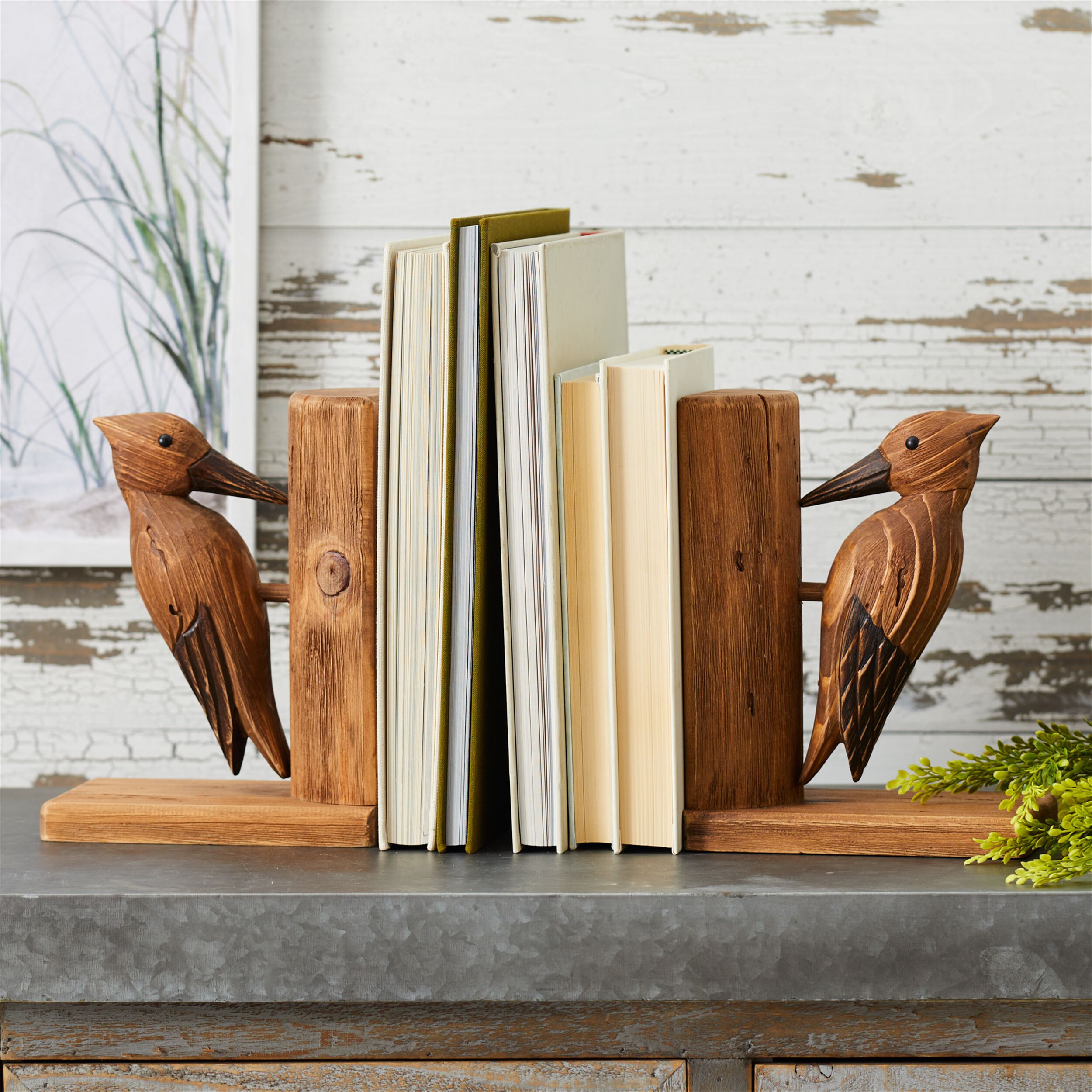 Pine Wood Woodpecker Bird Bookend Set of 2, BROWN, alternate image number 4