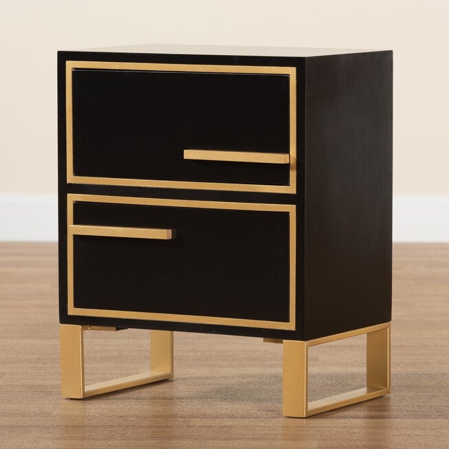 Giolla Contemporary Glam And Luxe Black Finished Wood And Gold Metal 2-Drawer Nightstand, , alternate image number null