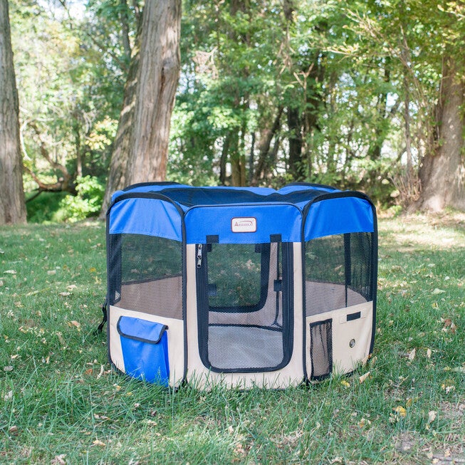 Portable Pet Dog Kitten Playpen In Blue And Beige Combo, , alternate image number null