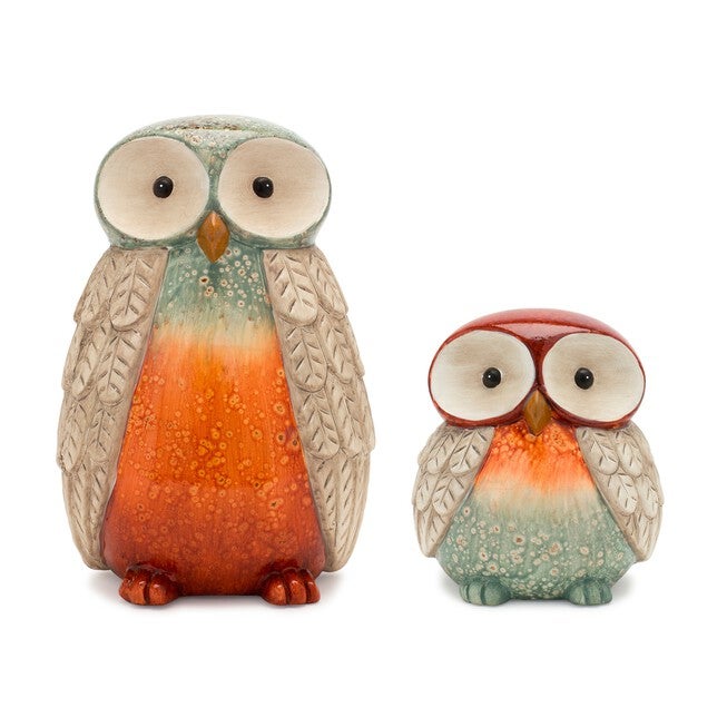 Terra Cotta Owl Figurine With Glazed Accents (Set Of 2), ORANGE, hi-res image number null
