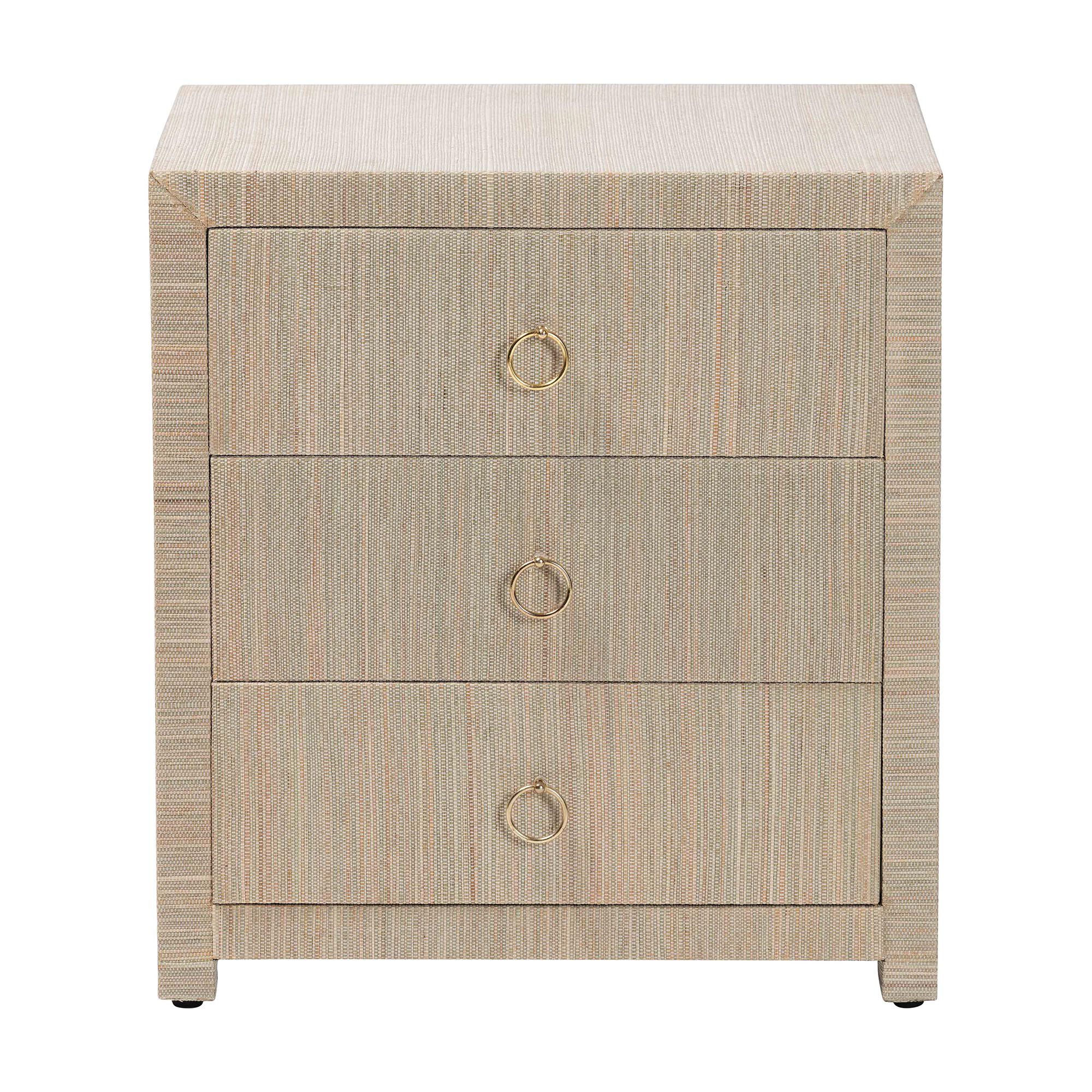 Quinn Bohemian Woven Natural Grasscloth 3-Drawer Nightstand, NATURAL, alternate image number 3