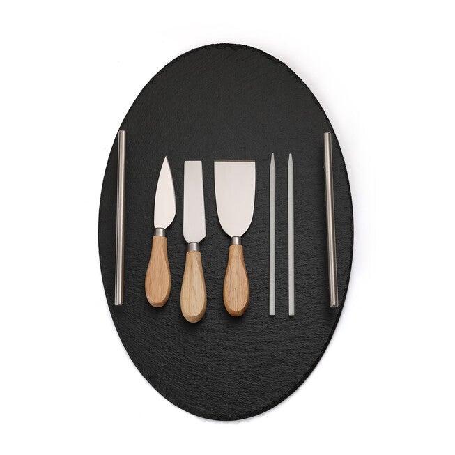 Rounde Slate Stone Serving Tray With Stainless Steel Handkles - Kit, BLACK, hi-res image number null