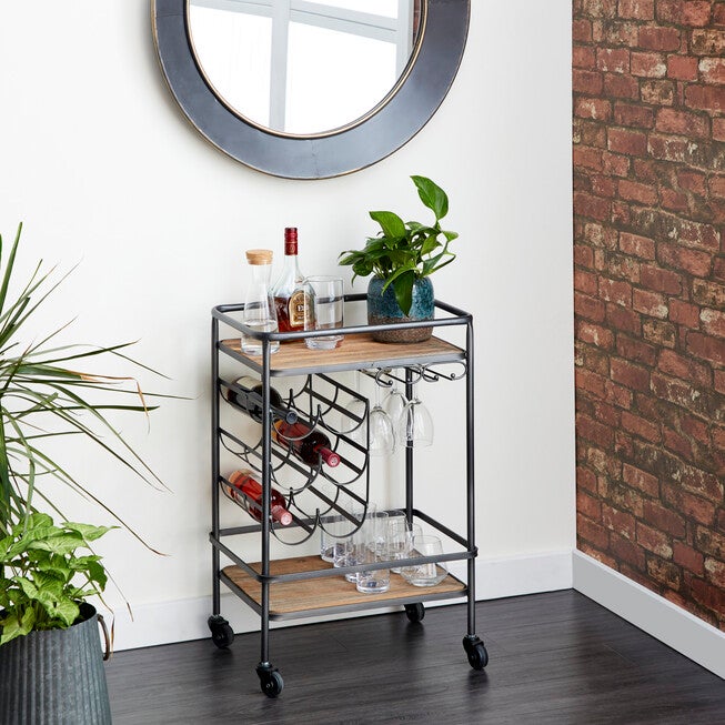 Brown Chinese Fir and Metal Industrial Bar Cart, 30x20x15, , alternate image number 7