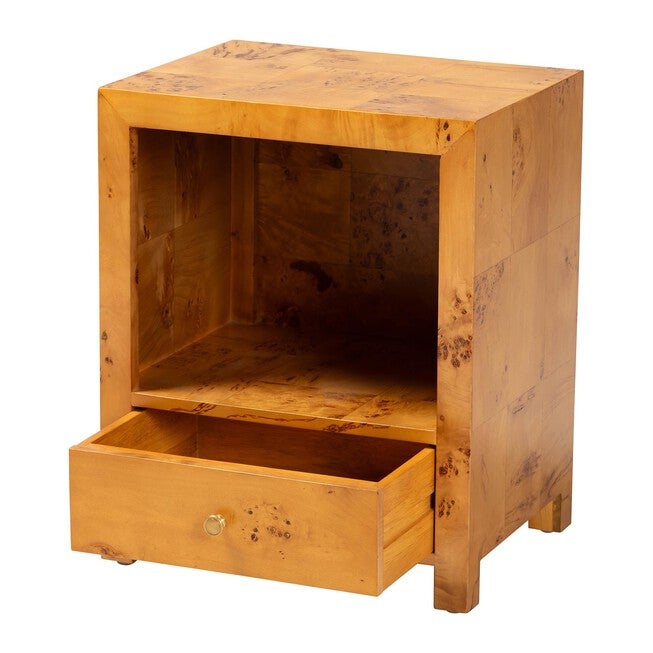 Camira Modern and Contemporary Natural Light Mappa Real Burl Wood 1-Drawer Nightstand, LIGHT MAPPA BURL, alternate image number null