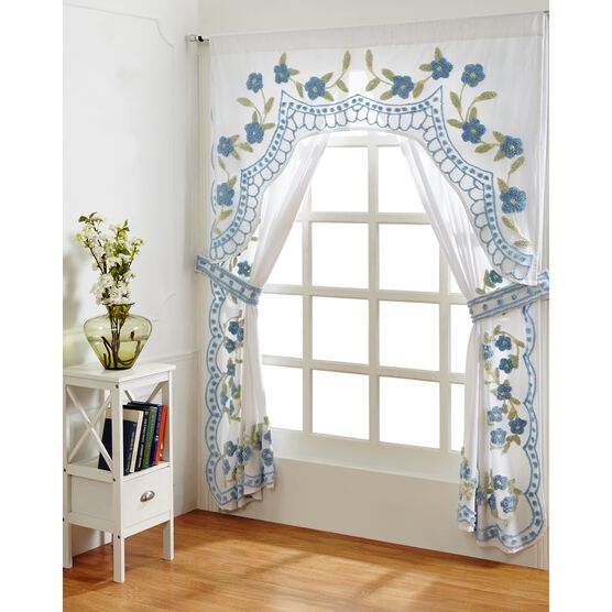 Bloomfield Collection in Floral Design 100% Cotton Tufted Chenille Curtain 2 Piece Set , BLUE, hi-res image number null