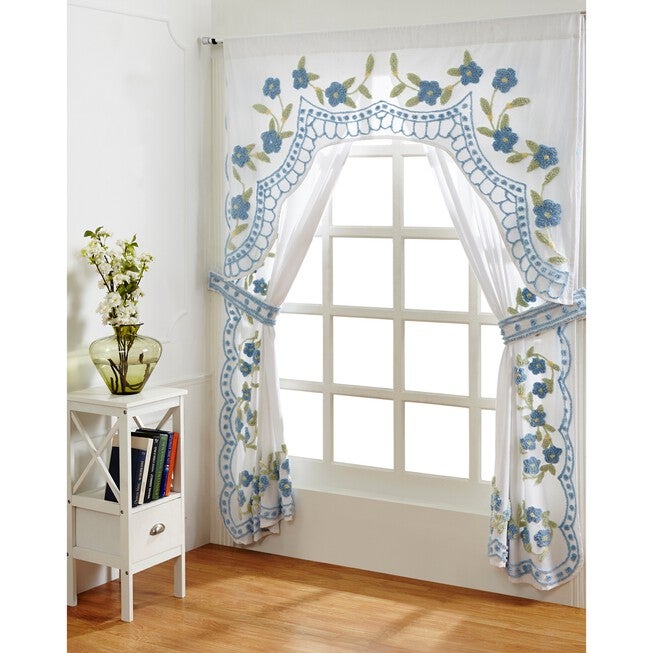 Bloomfield Collection in Floral Design 100% Cotton Tufted Chenille Curtain 2 Piece Set , BLUE, hi-res image number 0