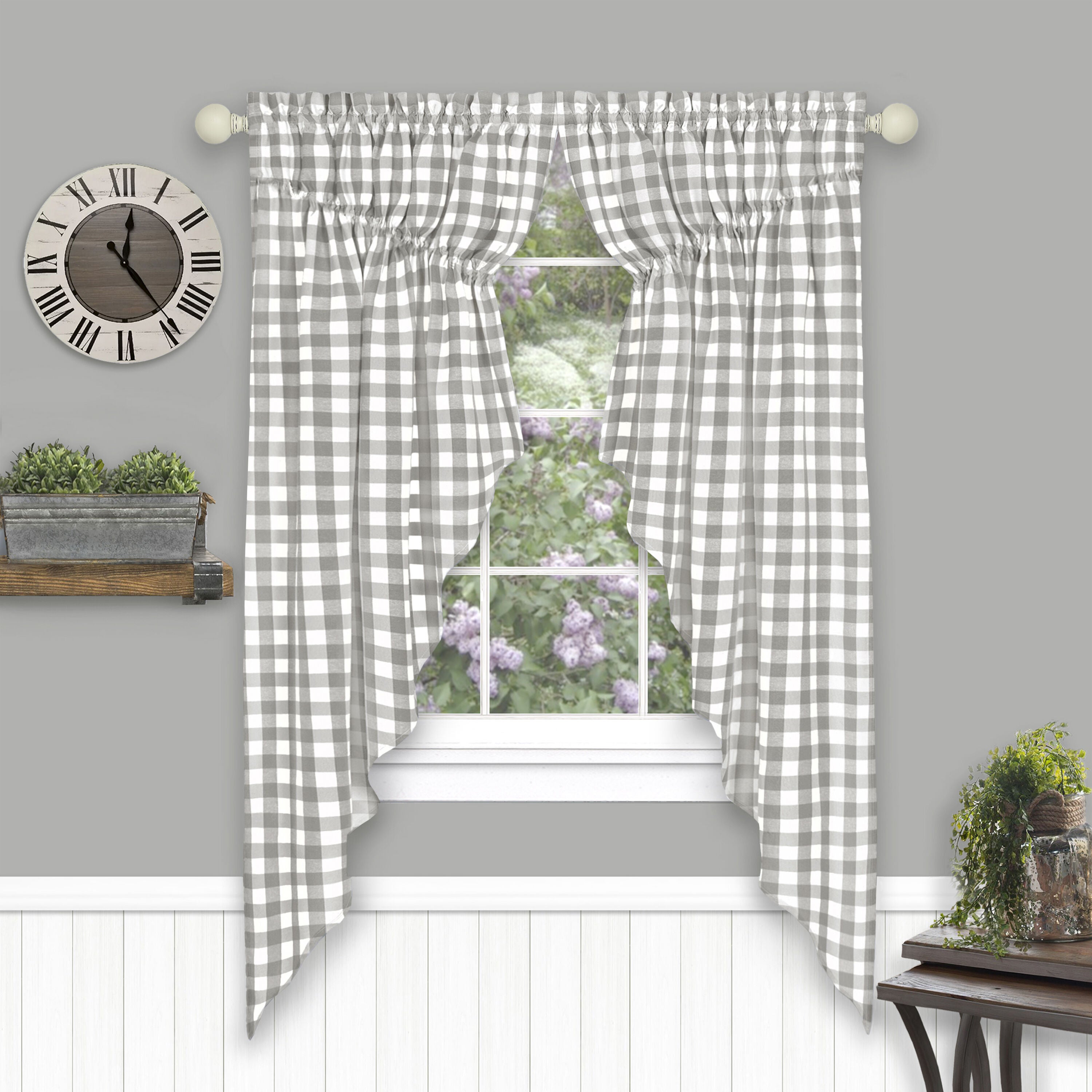 Buffalo Check Gathered Swag Window Curtain Pair, GREY, hi-res image number 0