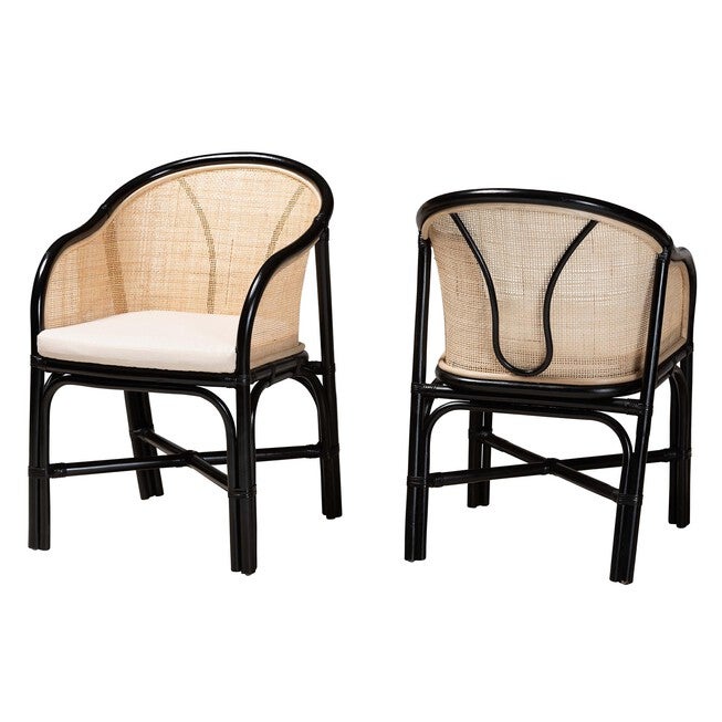 Miranda Modern Bohemian Two-Tone Black And Natural Brown Rattan 2-Piece Dining Chair Set, BLACK NATURAL BROWN, hi-res image number 0