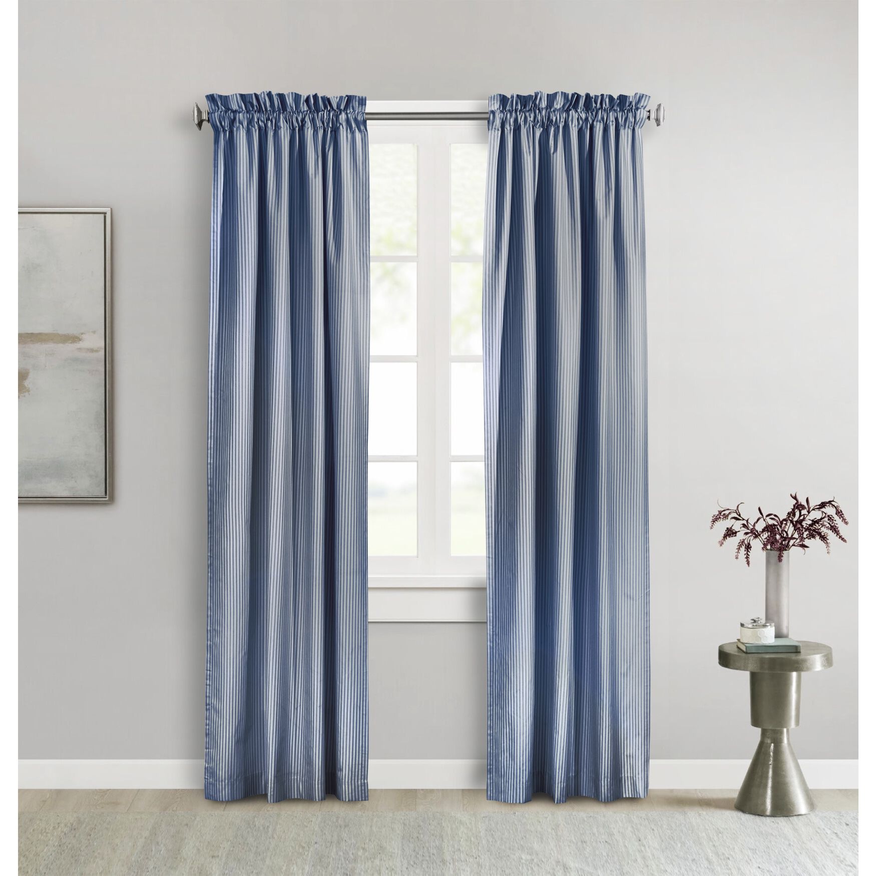 Ticking Stripe Room Darkening Pole Top Curtain Panel Pair, NAVY, hi-res image number 0