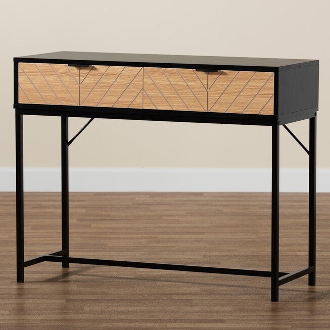 Jacinth Modern Industrial Two-Tone Black And Natural Brown Finished Wood And Black Metal 2-Drawer Console Table, , alternate image number null