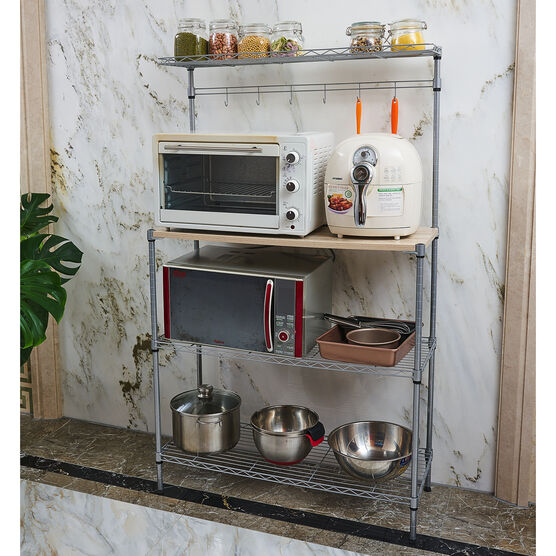 Home Basics 4 Tier Microwave Stand with Wood Tabletop Chrome, CHROME WOOD, hi-res image number null