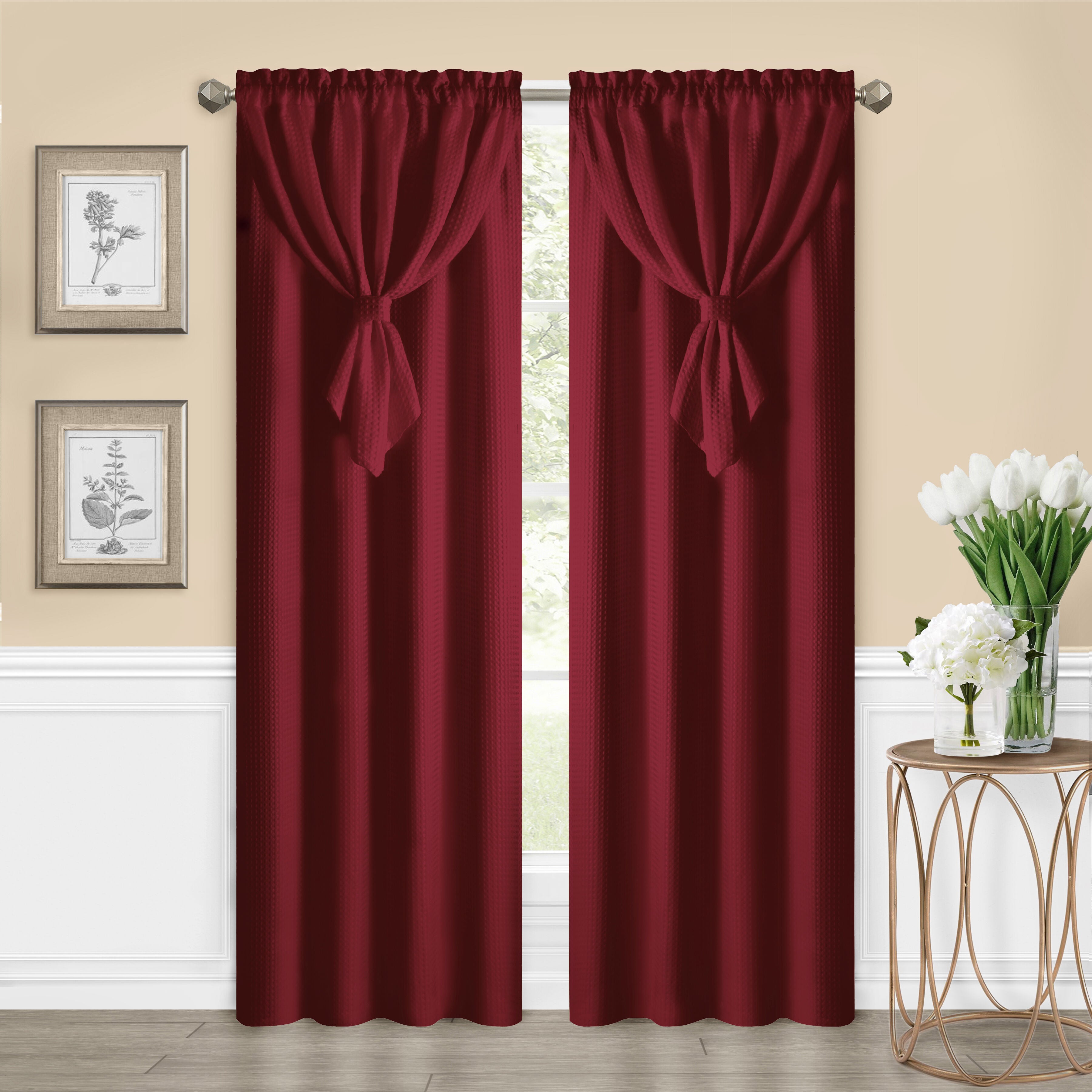 Allegra Waffle Texture Window Curtain Panel with Attached Valance, BURGUNDY, hi-res image number 0