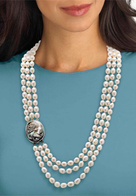 Silver Tone Multi Strand Cameo Necklace Cultured Freshwater Pearl 28", , alternate image number null