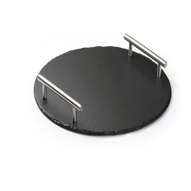 Rounde Slate Stone Serving Tray With Stainless Steel Handkles - Kit, , on-hover image number null