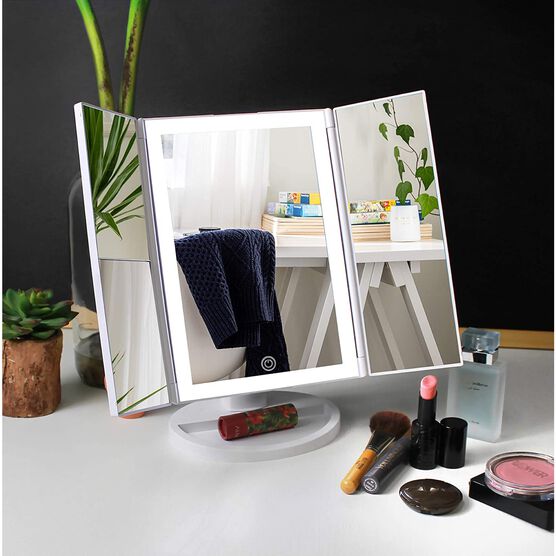 Tri-Fold Makeup Mirror With 3-Color Led Lighting, O, hi-res image number null