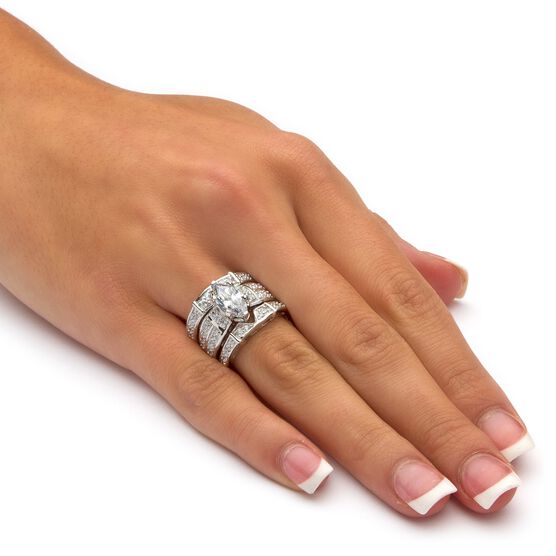 Silver Marquise Cut 3 Piece Multi Row Bridal Ring Set Cubic Zirconia Brylane Home
