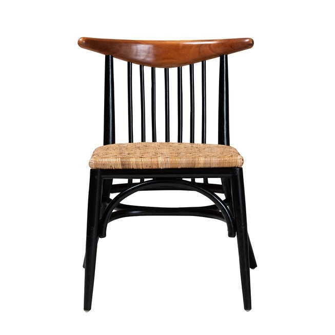 Parthenia Mid-Century Modern Two-Tone Black And Walnut Brown Finished Mahogany Wood And Natural Rattan Dining Chair, , on-hover image number null