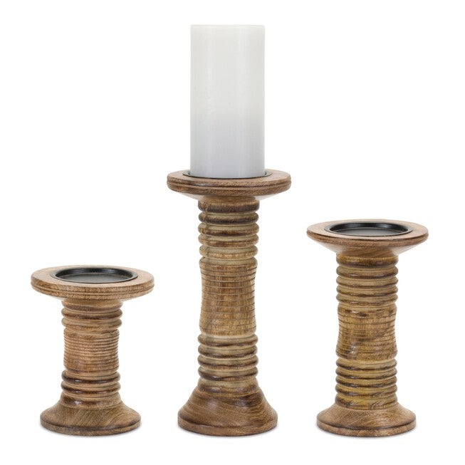 Natural Mango Wood Candle Holder (Set of 3), BROWN, hi-res image number 0